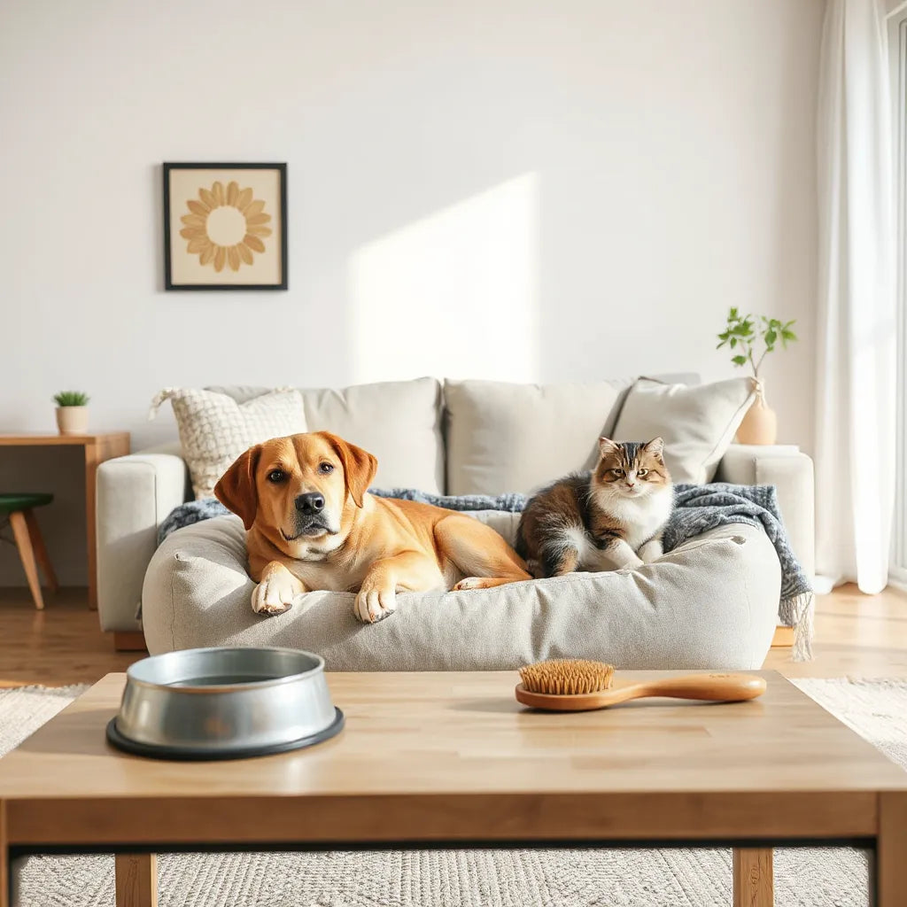 A calm dog and cat resting on cozy bedding in a bright living room with water nearby