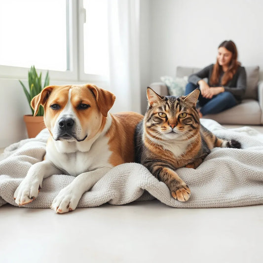 Dog and cat resting calmly on a blanket near a sunny window