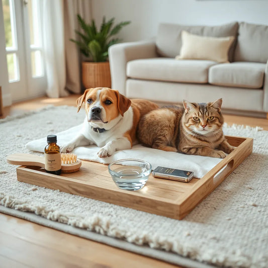 A dog and cat relaxing at home with simple natural-care items nearby for holistic wellbeing