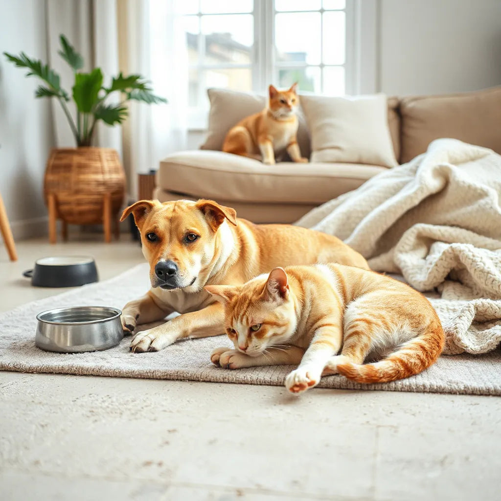A calm dog and relaxed cat resting together in a softly lit living room