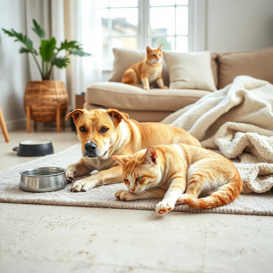 A calm dog and relaxed cat resting together in a softly lit living room