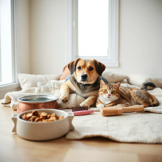 Dog and cat resting beside fresh water, food, and grooming essentials in a bright home