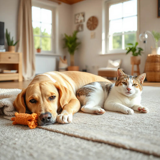 Calm dog and relaxed cat resting together in a softly lit living room