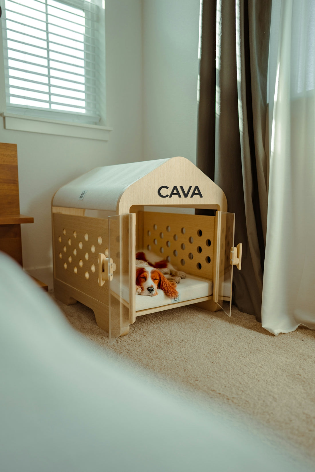 A dog rests inside a modern wooden dog crate.