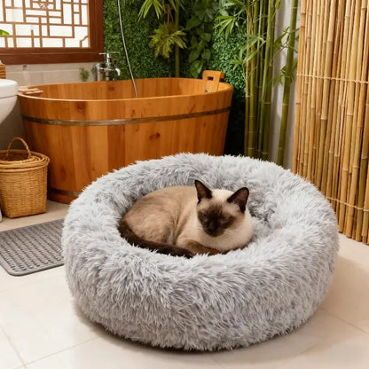 Round Plush Dog Bed and Cat Nest with Non-Slip Base, Warm Faux Fur - My Pet Serenity