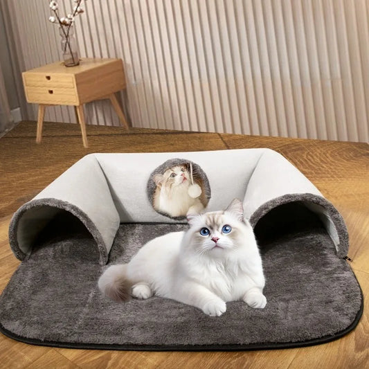 U-shaped Cat Tunnel Bed – Interactive Hide & Seek Nest, Washable - My Pet Serenity