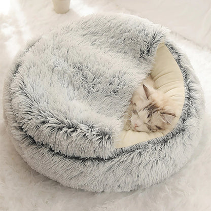 Round Plush Cat Bed with Hooded Cave - Cozy Doughnut Bed for Cats - My Pet Serenity