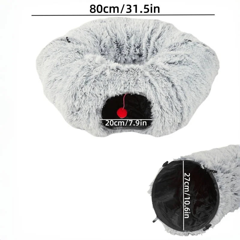 Winter Plush Cat Bed with Tunnel for Indoor Cats - Donut Peephole - My Pet Serenity