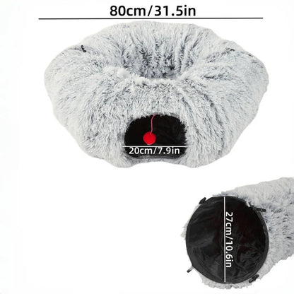 Winter Plush Cat Bed with Tunnel for Indoor Cats - Donut Peephole - My Pet Serenity