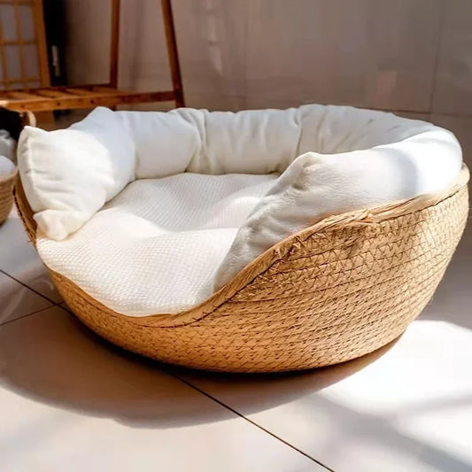 Soft Cat and Dog Bed in Bamboo Weave – Cozy Four-Season Sleep Nest - My Pet Serenity