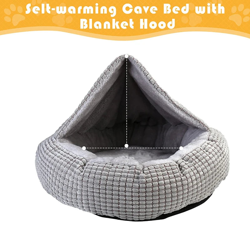 Hooded Orthopedic Donut Dog Bed Fluffy Washable Non-Slip Calming Cave - My Pet Serenity