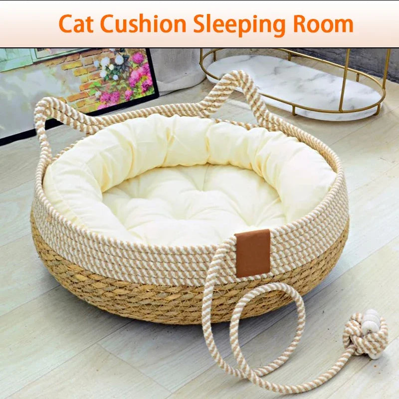 Four-Seasons Woven Cat Bed with Removable Cover, Washable - My Pet Serenity
