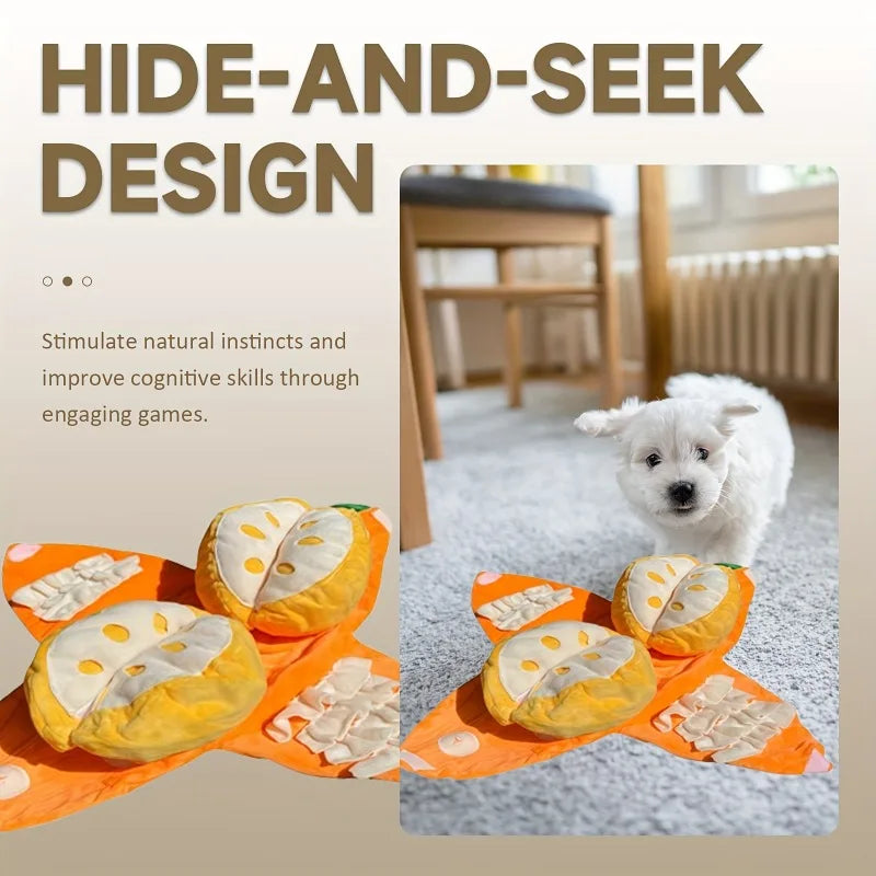 Orange hide-and-seek plush dog toy with squeaker and crinkle puzzle - My Pet Serenity