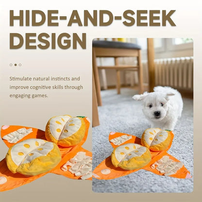 Orange hide-and-seek plush dog toy with squeaker and crinkle puzzle - My Pet Serenity