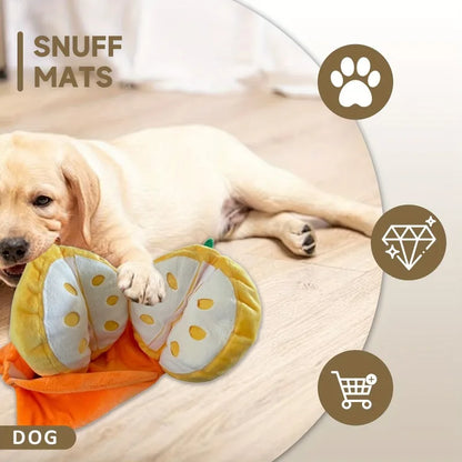 Orange hide-and-seek plush dog toy with squeaker and crinkle puzzle - My Pet Serenity