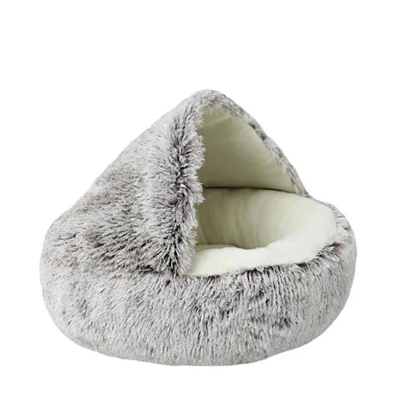Round Plush Cat Bed with Hooded Cave - Cozy Doughnut Bed for Cats - My Pet Serenity