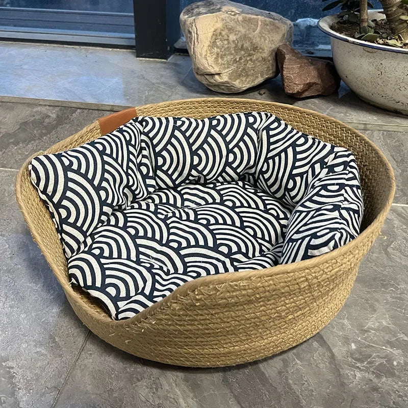 Soft Cat and Dog Bed in Bamboo Weave – Cozy Four-Season Sleep Nest - My Pet Serenity