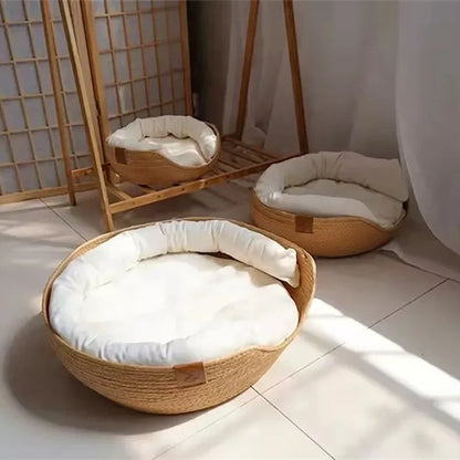 Soft Cat and Dog Bed in Bamboo Weave – Cozy Four-Season Sleep Nest - My Pet Serenity