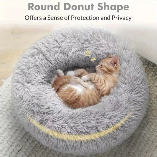 Round Plush Dog Bed and Cat Nest with Non-Slip Base, Warm Faux Fur - My Pet Serenity