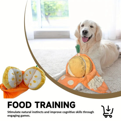 Orange hide-and-seek plush dog toy with squeaker and crinkle puzzle - My Pet Serenity
