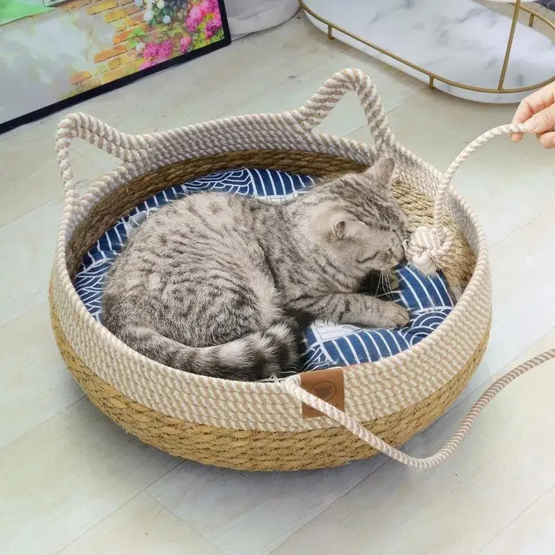 Four-Seasons Woven Cat Bed with Removable Cover, Washable - My Pet Serenity