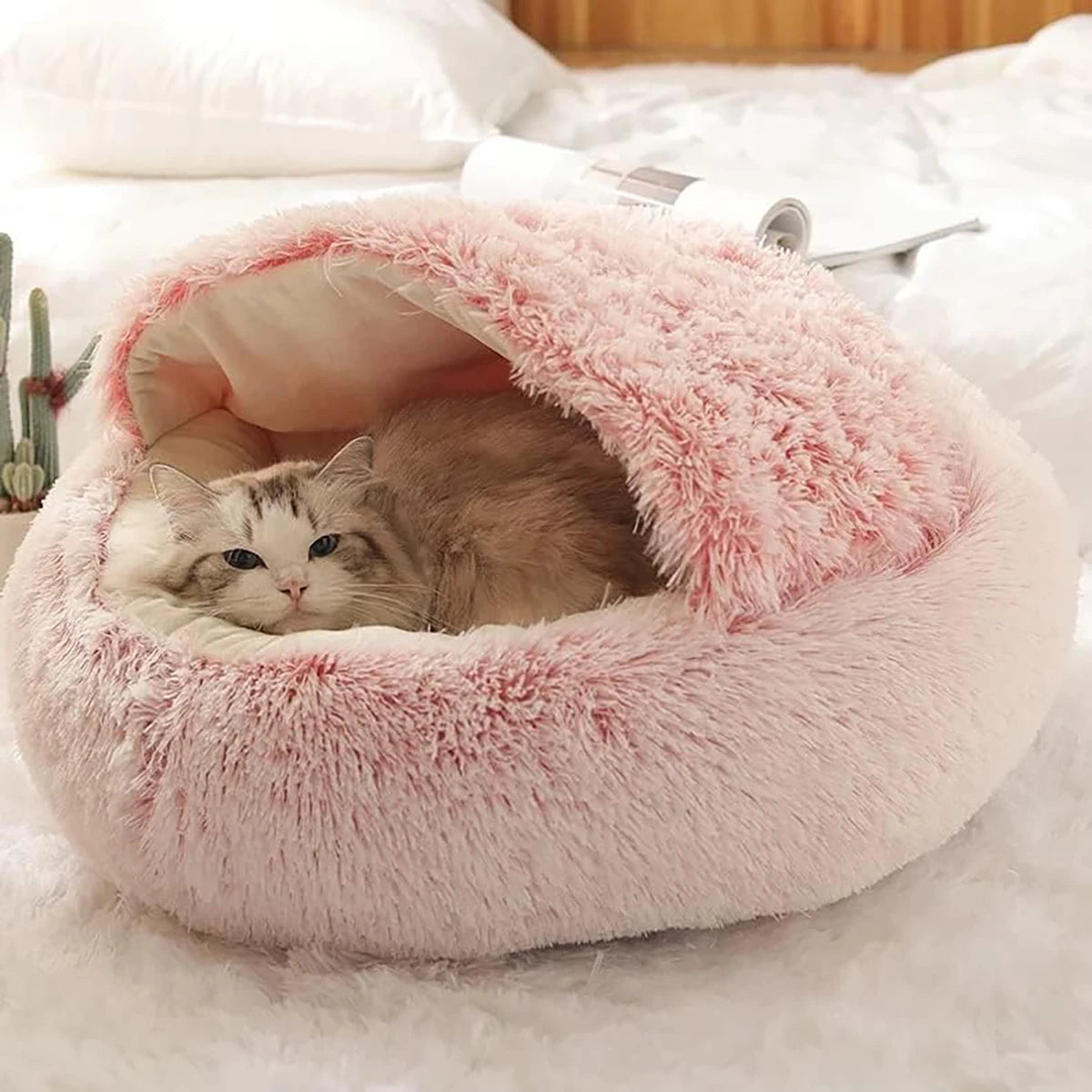 Round Plush Cat Bed with Hooded Cave - Cozy Doughnut Bed for Cats - My Pet Serenity