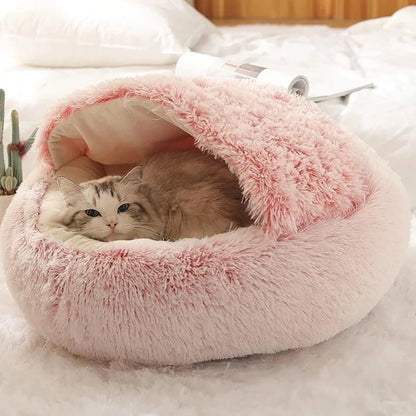 Round Plush Cat Bed with Hooded Cave - Cozy Doughnut Bed for Cats - My Pet Serenity