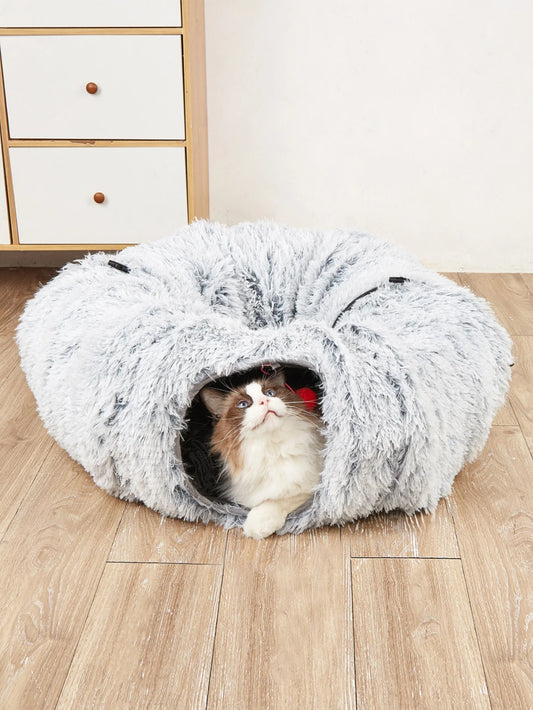 Winter Plush Cat Bed with Tunnel for Indoor Cats - Donut Peephole - My Pet Serenity