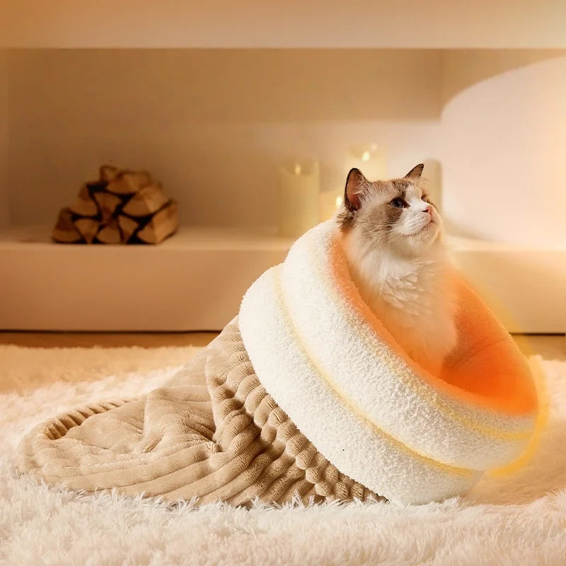 Thermal Cat Cave Bed with Enclosed Sleeping Bag for Anxious Cats - My Pet Serenity