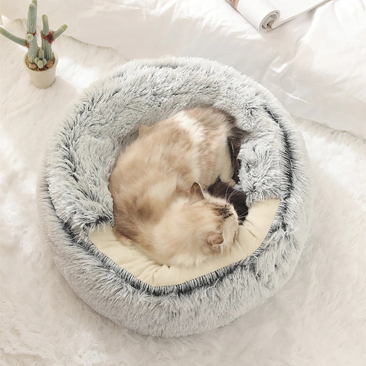 Round Plush Cat Bed with Hooded Cave - Cozy Doughnut Bed for Cats - My Pet Serenity