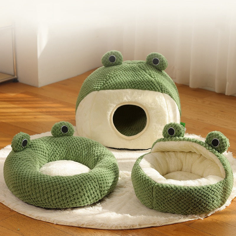 Winter Warm Dog Cat Nest Den - Plush Semi-Enclosed Frog Mattress - My Pet Serenity