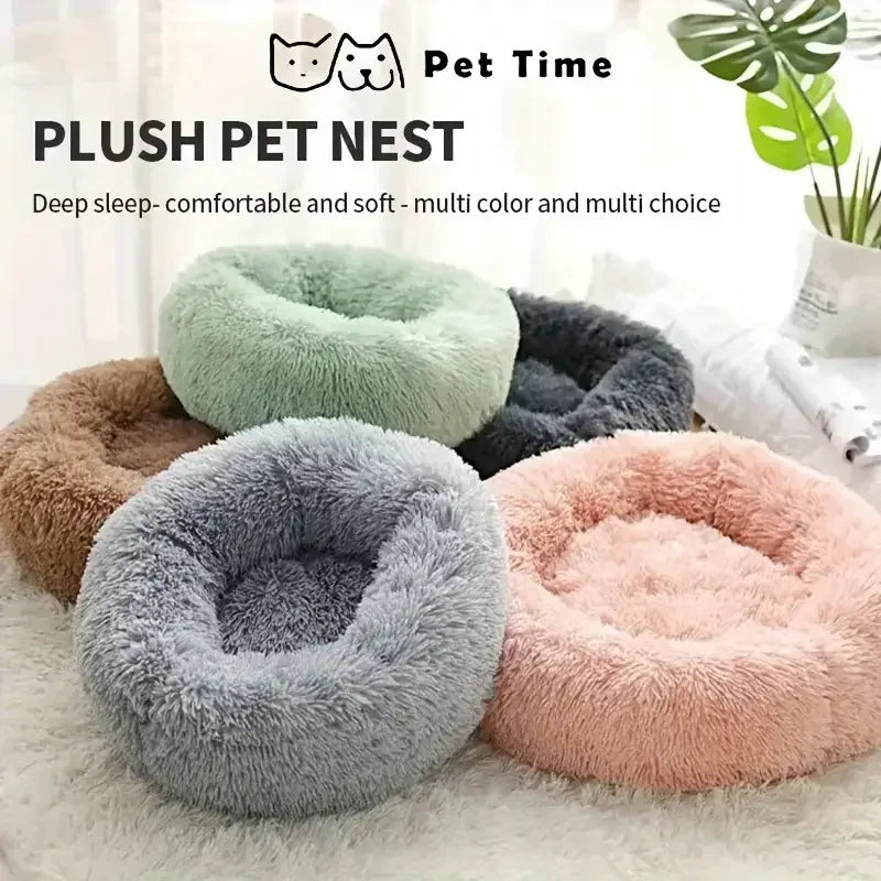 Round Plush Dog Bed and Cat Nest with Non-Slip Base, Warm Faux Fur - My Pet Serenity
