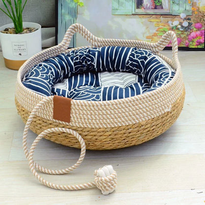Four-Seasons Woven Cat Bed with Removable Cover, Washable - My Pet Serenity