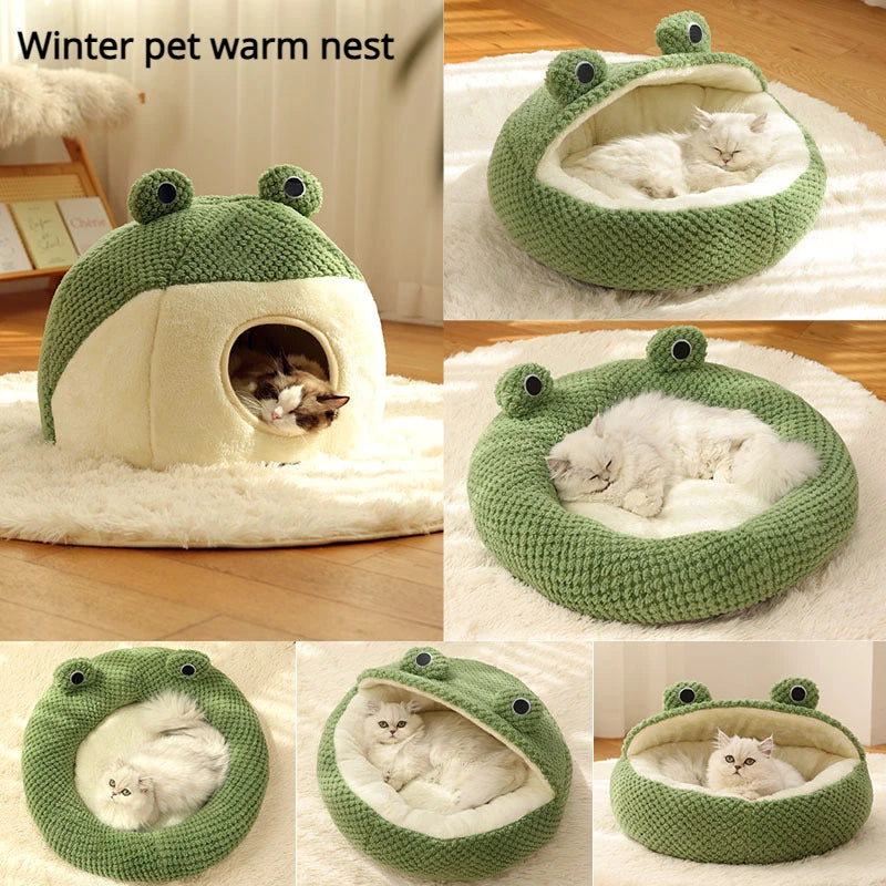 Winter Warm Dog Cat Nest Den - Plush Semi-Enclosed Frog Mattress - My Pet Serenity