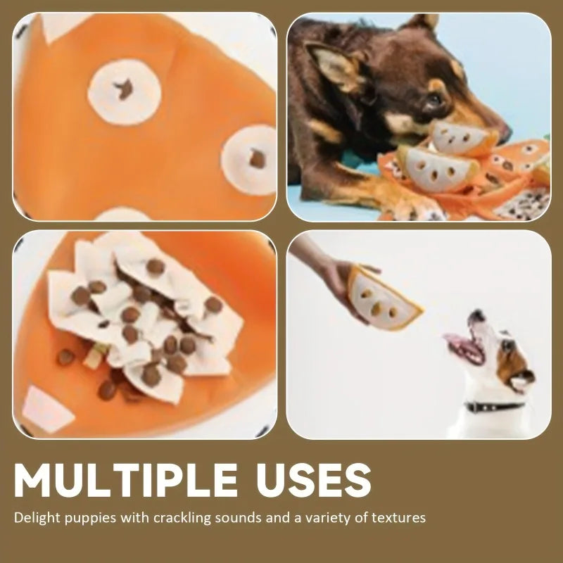 Orange hide-and-seek plush dog toy with squeaker and crinkle puzzle - My Pet Serenity