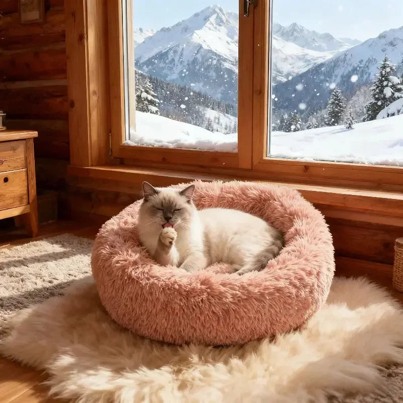 Round Plush Dog Bed and Cat Nest with Non-Slip Base, Warm Faux Fur - My Pet Serenity