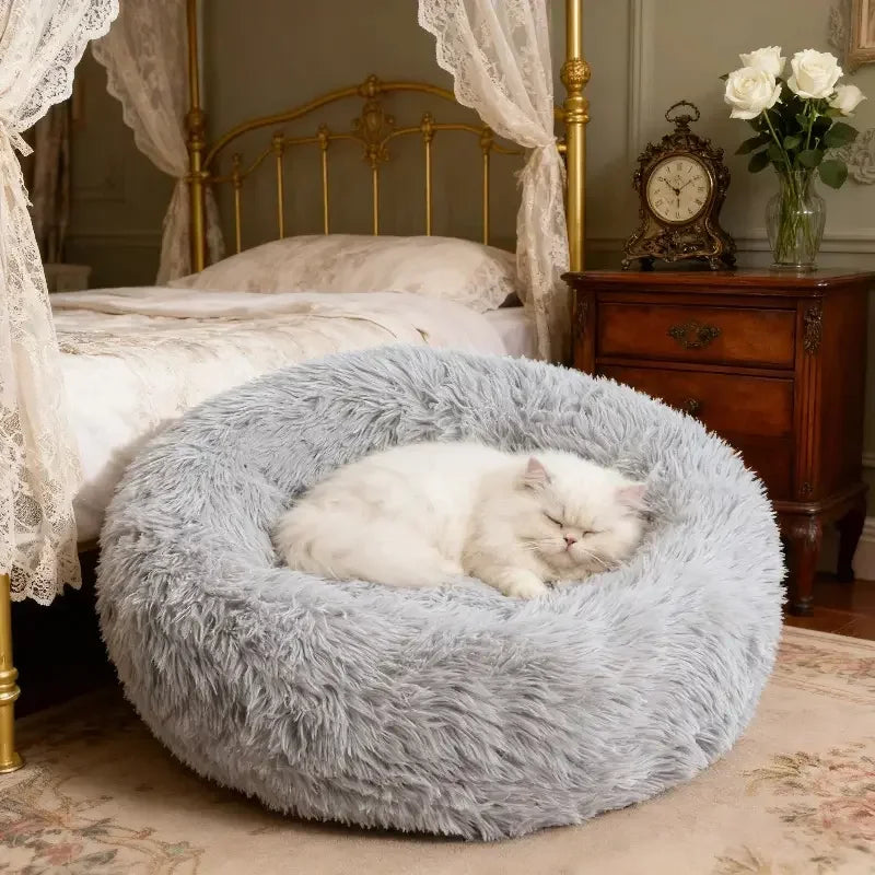 Round Plush Dog Bed and Cat Nest with Non-Slip Base, Warm Faux Fur - My Pet Serenity