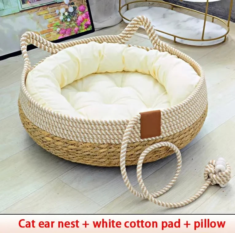 Four-Seasons Woven Cat Bed with Removable Cover, Washable - My Pet Serenity