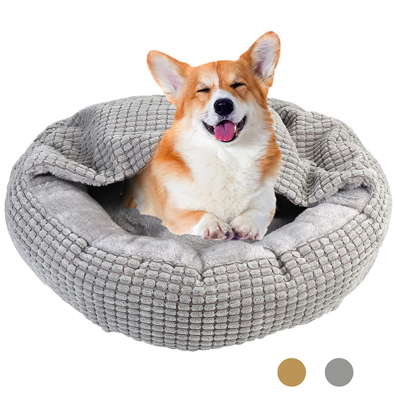 Hooded Orthopedic Donut Dog Bed Fluffy Washable Non-Slip Calming Cave - My Pet Serenity