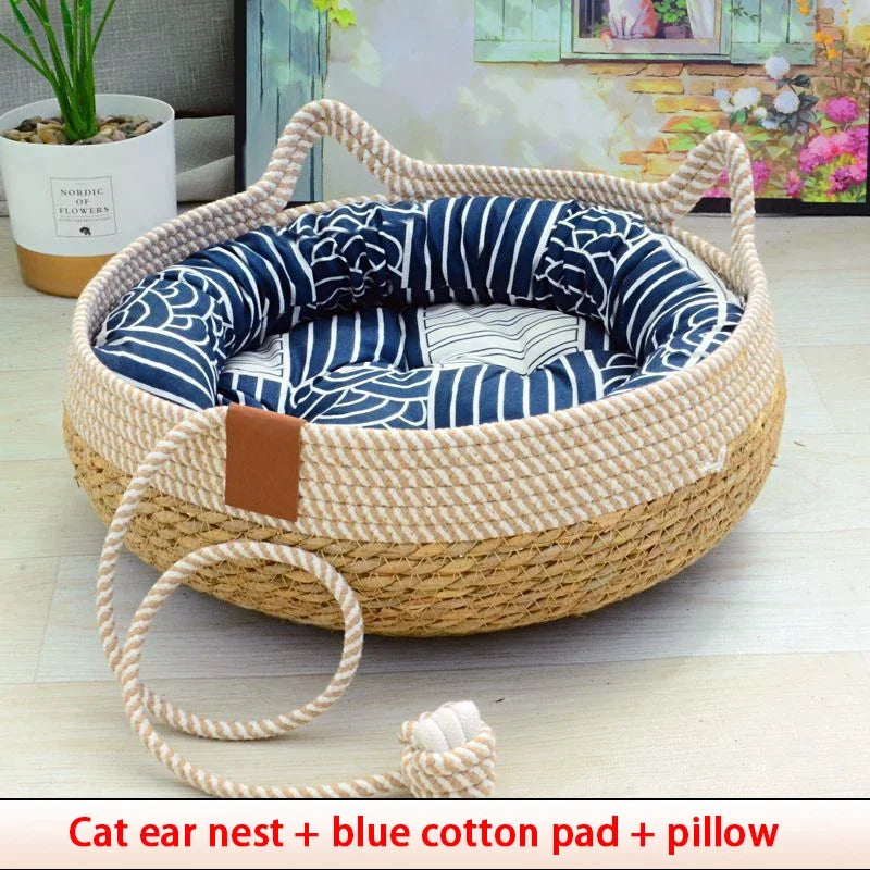 Four-Seasons Woven Cat Bed with Removable Cover, Washable - My Pet Serenity