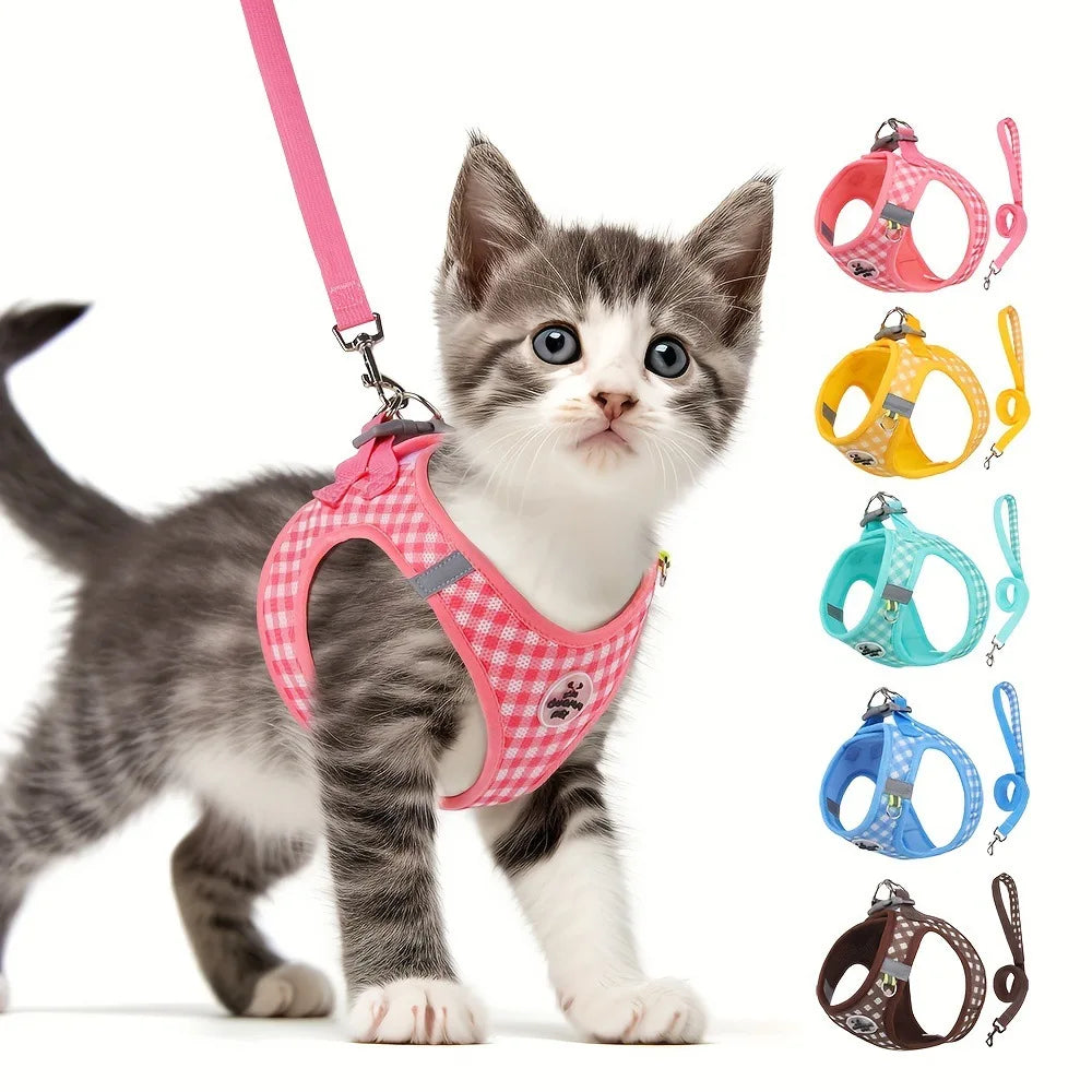 Checkered Pet Harness and Leash Set for Small Dogs & Cats, Breathable - My Pet Serenity
