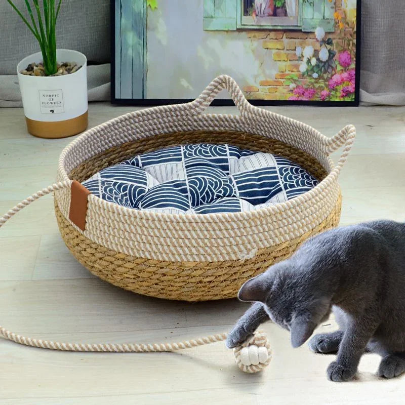 Four-Seasons Woven Cat Bed with Removable Cover, Washable - My Pet Serenity