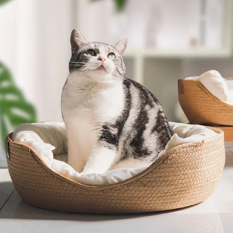 Soft Cat and Dog Bed in Bamboo Weave – Cozy Four-Season Sleep Nest - My Pet Serenity