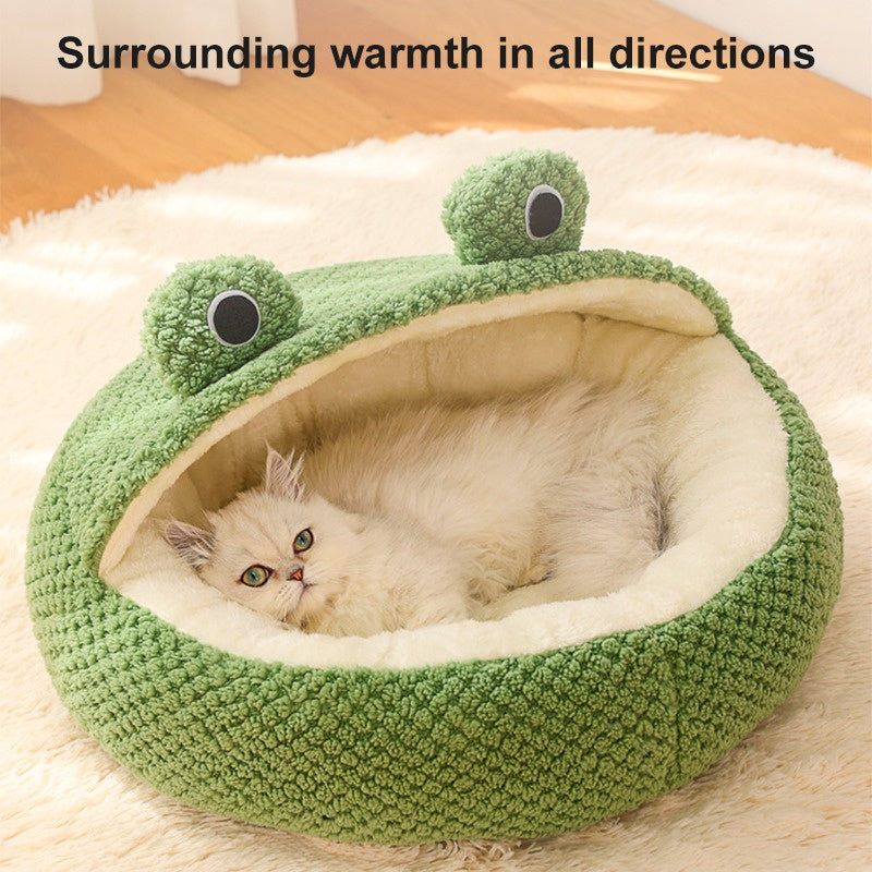 Winter Warm Dog Cat Nest Den - Plush Semi-Enclosed Frog Mattress - My Pet Serenity