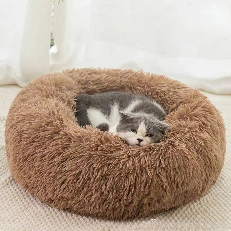 Round Plush Dog Bed and Cat Nest with Non-Slip Base, Warm Faux Fur - My Pet Serenity