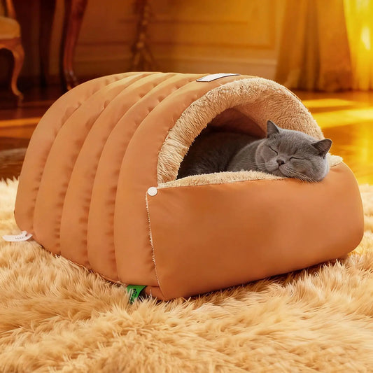 Semi-Enclosed Pet Cave Bed for Cats & Small Dogs Warm Windproof Nest - My Pet Serenity