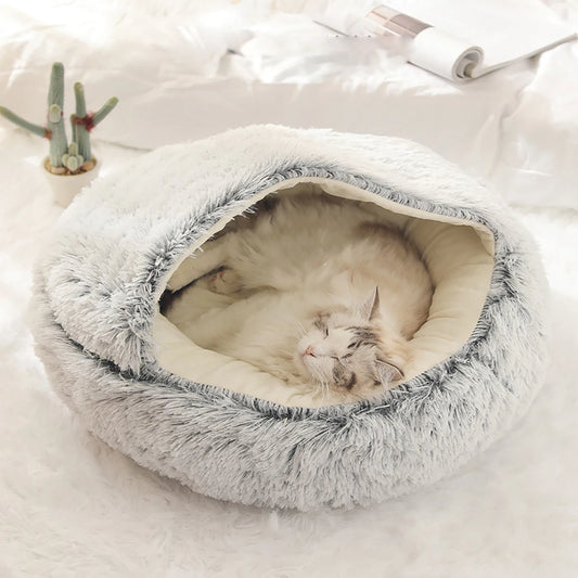 Round Plush Cat Bed with Hooded Cave - Cozy Doughnut Bed for Cats - My Pet Serenity