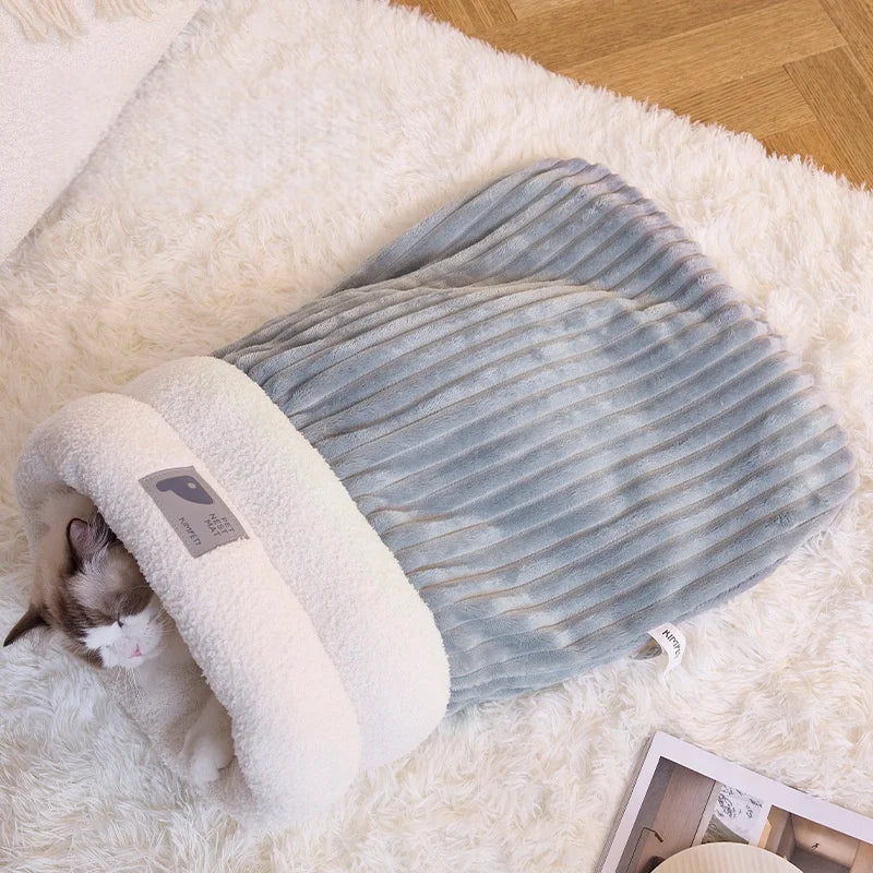 Thermal Cat Cave Bed with Enclosed Sleeping Bag for Anxious Cats - My Pet Serenity