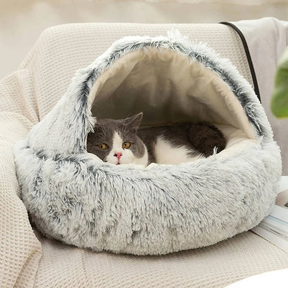 Round Plush Cat Bed with Hooded Cave - Cozy Doughnut Bed for Cats - My Pet Serenity